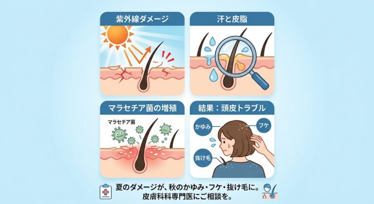 夏の終わりに増える「頭皮のかゆみ・フケ・抜け毛」の原因と治療法|秋の抜け毛シーズン前に知っておきたいケア
